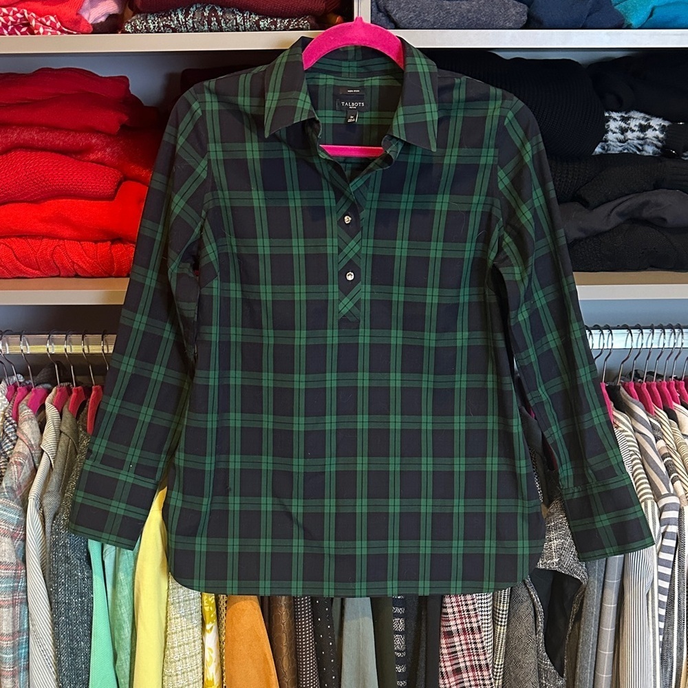 Talbots green/navy plaid long sleeve button front closure pop over top size 2P
